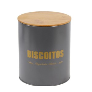 POTE DE LATA REDONDO PRETO PARA BISCOITOS COM TAMPA TIPO MADEIRA / BAMBU 2,3L