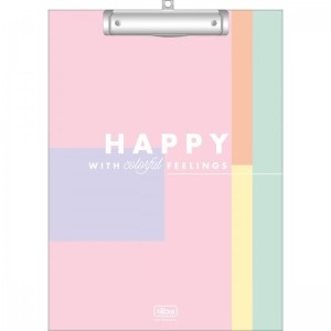 PRANCHETA A4 DECORADA HAPPY COM PRENDEDOR METÁLICO